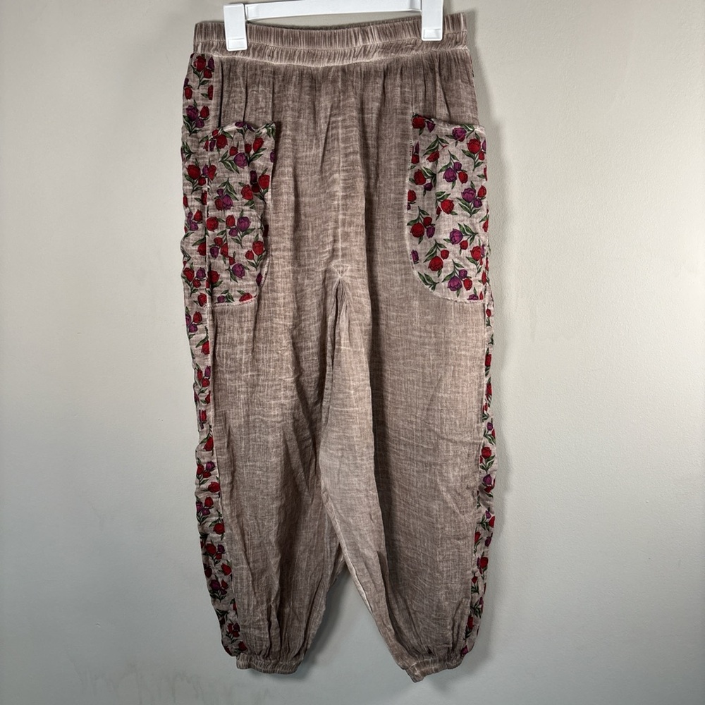 Eliş Şilebezi Turkish Boho Harem Pants Elastic Waist and Floral Side Pockets S/M